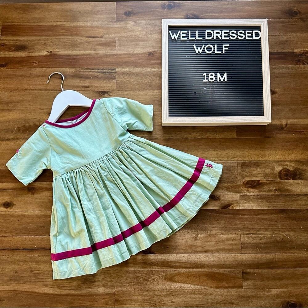 Well Dressed Wolf Sage Green Berry Red Boatneck Cotton Embroidered Dress 18M